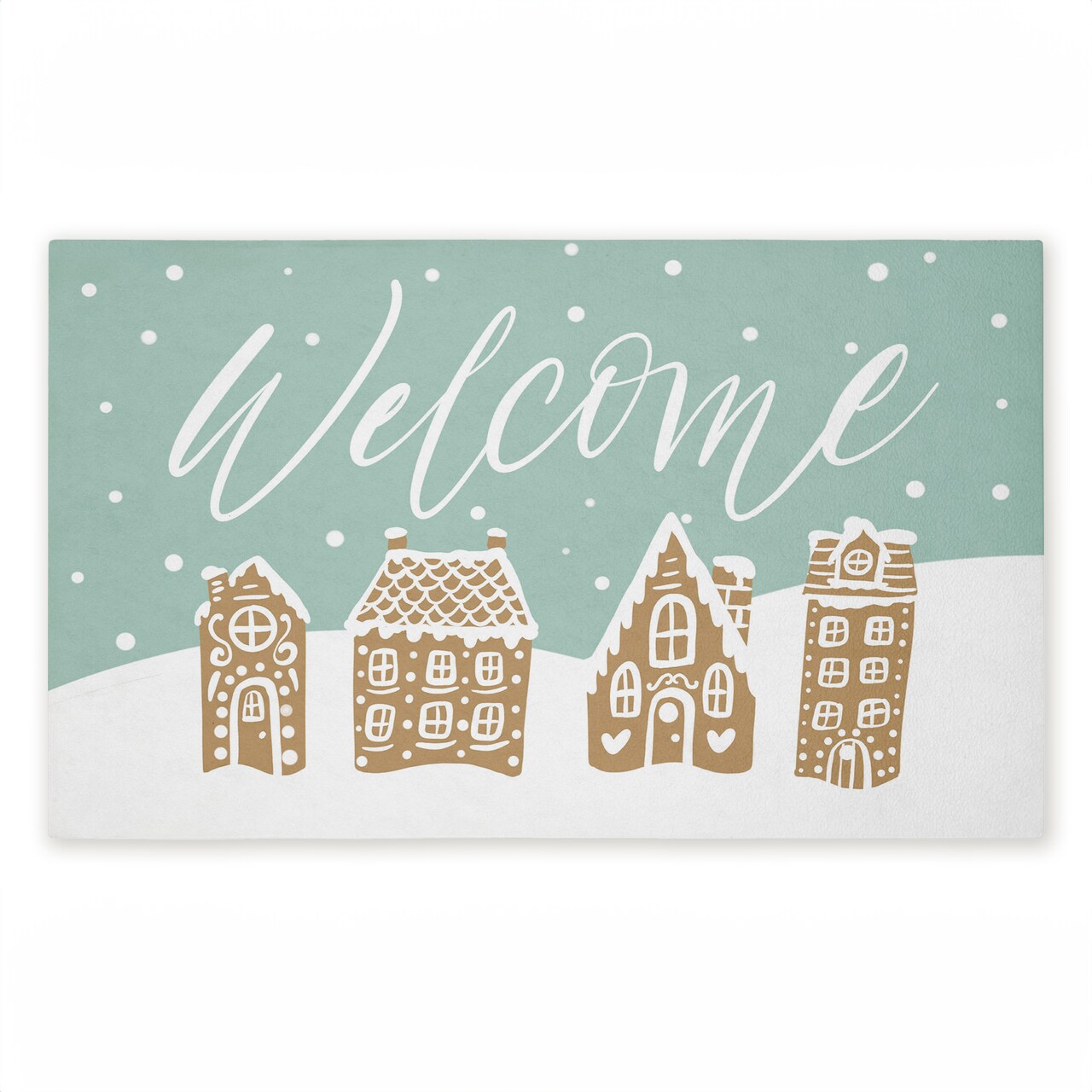 Welcome Snowy Gingerbread Houses Printed Outdoor Door Floor Mat, 18x30, Made in USA - Holiday Ready
